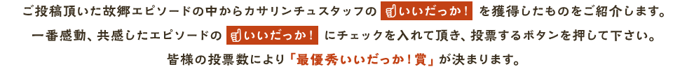 ご投稿いただいた故郷エピソードの中からカサリンチュスタッフのいいだっか！を獲得したものをご紹介します。
				一番感動、共感したエピソードの「いいだっか！」にチェックを入れていただき、投票するボタンを押してください。
				皆様の投票数により「最優秀いいだっか！賞」が決まります。